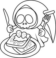 Outline of skull want to eating strawberry bread. Coloring pages of cute skull. vector
