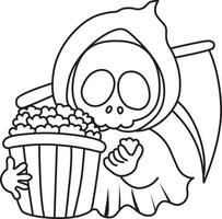 Outline of skull eating a popcorn. Coloring pages of cute skull. vector