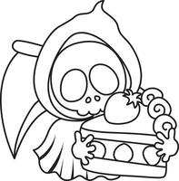 Outline of skull bring a strawberry cake. Coloring pages of cute skull. vector