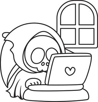 Outline of skull typing in the notepad. Coloring pages of cute skull. vector