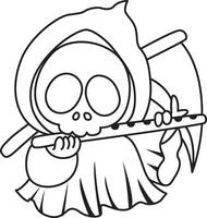 Outline of skull playing a flute. Coloring pages of cute skull. vector