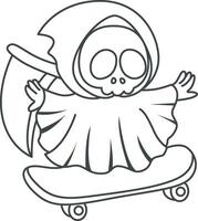 Outline of skull playing a skateboard. Coloring pages of cute skull. vector