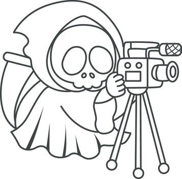 Outline of skull making content with camera. Coloring pages of cute skull. vector