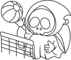 Outline of skull playing a volley ball. Coloring pages of cute skull. vector