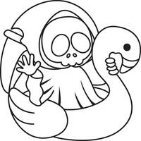Outline of skull stuck in the flamingo tire. Coloring pages of cute skull. vector
