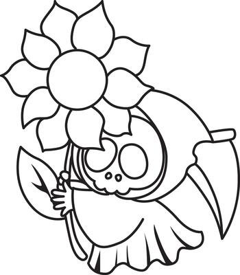 Outline of skull bring a sun flower. Coloring pages of cute skull.
