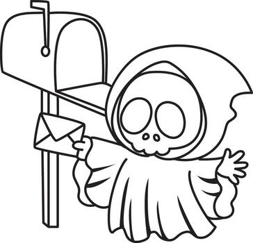Outline of skull send a message by mail box. Coloring pages of cute skull. vector