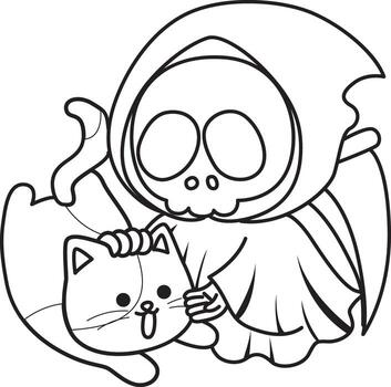 Outline of skull playing with kitten. Coloring pages of cute skull. vector