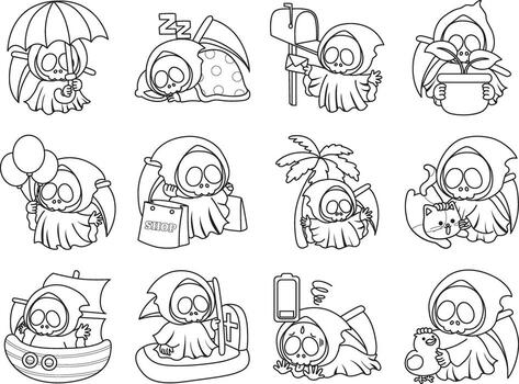 Outline of skull in the variation of random daily life. Coloring pages of cute skull. vector