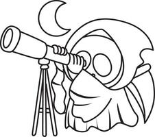 Outline of skull see the moon by telescope. Coloring pages of cute skull. vector