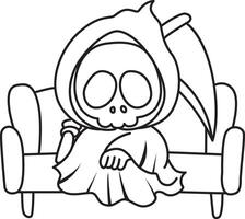 Outline of skull sit down in the couch. Coloring pages of cute skull. vector