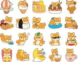 Shiba inu in the variation of dessert. Fluffy Shiba Inu pet stickers. vector
