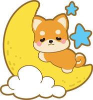 Shiba Inu sleeping in the moon. Fluffy Shiba Inu pet stickers. vector