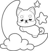 Outline of shiba inu sleeping in the crescent moon. Coloring pages of cute shiba inu. vector