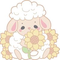 Sheep in the middle of sun flowers. Cute sheep hand drawn emotes icon. vector