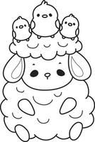 Outline of sheep with three of chicks. Coloring pages of cute sheep. vector