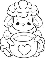 Outline of sheep enjoy with tea. Coloring pages of cute sheep. vector