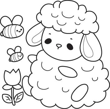 Outline of sheep talking with bee. Coloring pages of cute sheep. vector