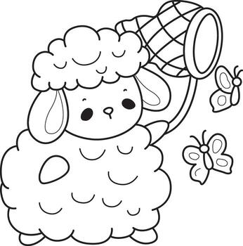 Outline of sheep caughting a butterflies in the yard. Coloring pages of cute sheep. vector