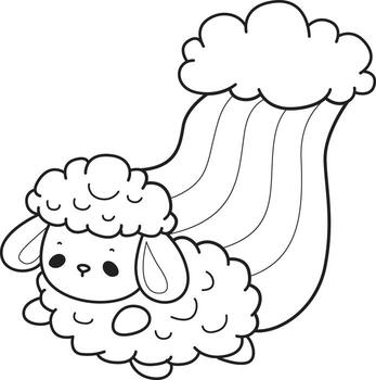 Outline of sheep sliding in the rainbow. Coloring pages of cute sheep. vector