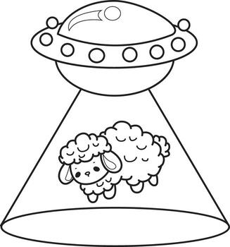 Outline of sheep flying with space ship. Coloring pages of cute sheep. vector