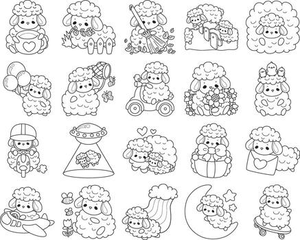 Outline of sheep in the variation of activity. Coloring pages of cute sheep. vector