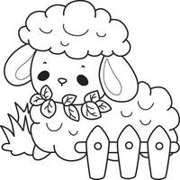 Outline of sheep eating a grass in the farm. Coloring pages of cute sheep. vector