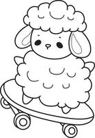 Outline of sheep playing a skateboard. Coloring pages of cute sheep. vector