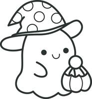 Outline of cute ghost bring a pumpkin bag. Coloring pages of cute white ghost. vector
