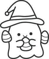 Outline of white ghost bring a yellow candy. Coloring pages of cute white ghost. vector