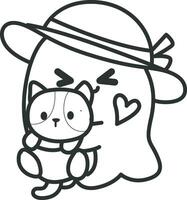 Outline of cute ghost bring a kitty. Coloring pages of cute white ghost. vector
