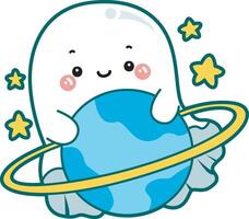 Cute ghost bring a planet. Illustration of cute white ghost. vector