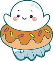 Cute ghost stuck in the doughnut. Illustration of cute white ghost. vector