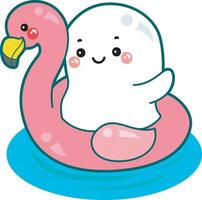 Cute ghost stuck in the flamingo tire. Illustration of cute white ghost. vector