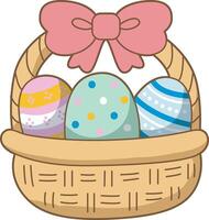 Easter eggs in the basket. Easter greeting card with cute little bunny. vector