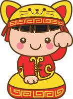 Chinese girl like a cat calling guest. Chinese year items for calendar. vector