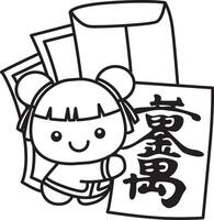 Outline of chinese girl bring a lot of envelope. Coloring pages of Chinese year items for calendar. vector