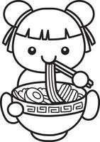 Outline of chinese girl eating ramen. Coloring pages of Chinese year items for calendar. vector