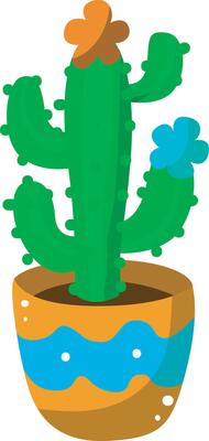 Cactus in the orange and blue pot. Colorful cactus in the pot.