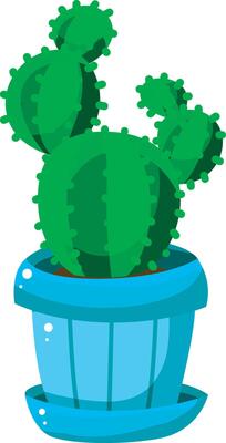Cactus in the blue lines pot. Colorful cactus in the pot.