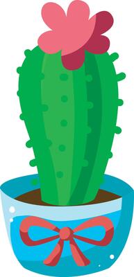 Cactus in the blue and pink bow pot. Colorful cactus in the pot.