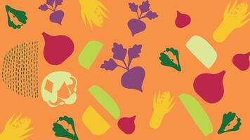 Root and leafy vegetables on orange background vector