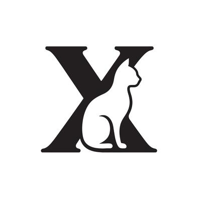 Black cat sitting inside letter x animal white