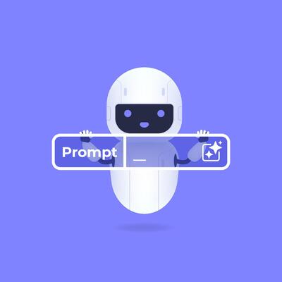 Robot with Generative Artificial Intelligence prompt bar on a blue background in a digital and modern design cartoon illustration.