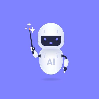 Innovative Artificial Intelligence robot holding a magic wand against purple background cartoon illustration.