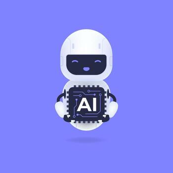 Friendly robot character holding an AI chip on a purple background. vector