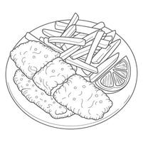Fish and Chips Plate Line Drawing Grey Scale Illustration vector