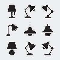 Set of Solid Black Icons Featuring Various Types of Lamps vector
