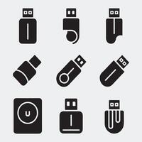 Collection of Solid Black USB Flash Drive Icons in Multiple Styles vector