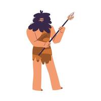 Primitive Man Character and Caveman in Loincloth Stand with Spear Illustration vector